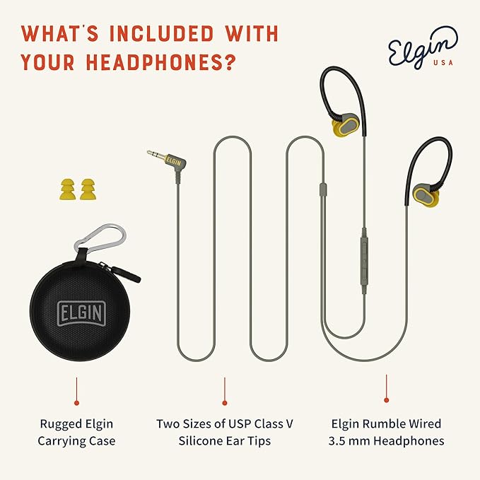 Elgin Rumble Wired Earplug Headphones with mic, in-Ear Earbuds, 3.5mm Jack, 27 dB NRR, IP67 Waterproof, OSHA CompliantEarbuds, Noise Isolating, Hearing Protection, Work Safety