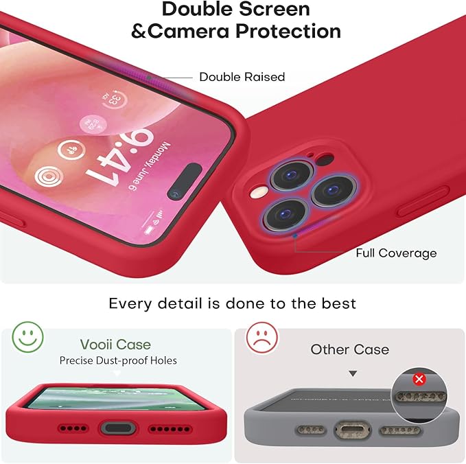 Vooii Compatible with iPhone 15 Pro Case, Upgrade Defender Liquid Silicone, [Enhanced Camera Protection] [Soft Anti-Scratch Microfiber Lining] Shockproof Phone Case for iPhone 15 Pro 6.1 inch - Red