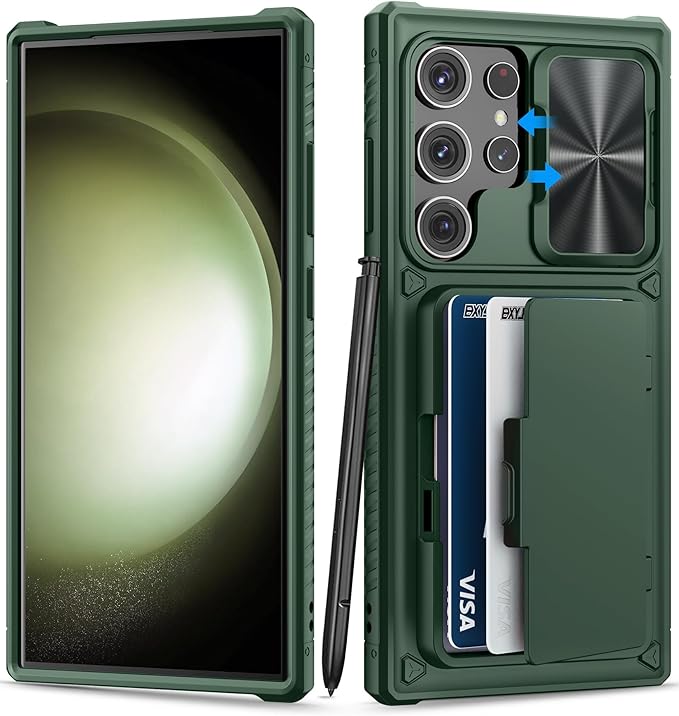 for Samsung Galaxy S23 Ultra Case with Card Holder (Store 4-5 Cards) & Kickstand & Slide Lens Cover, Military Grade Drop Protection, Rugged Silicone Wallet Case for Samsung S23 Ultra, Green