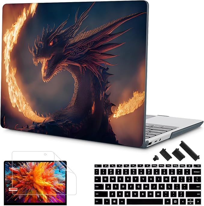 Tuiklol Case for 12.4 Inch Microsoft Surface Laptop Go 3/2 / 1 2023-2020 Releases, Plastic Hard Shell Case with Screen Protector and Keyborad Cover +Dust Plugs Model 2013/1943, Fire Dragon