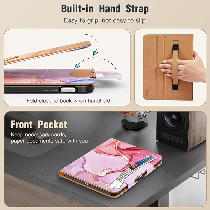 MoKo for iPad (A16) 11th Generation Case 11 inch 2025, iPad 10th Generation Case 10.9" 2022 with Pencil Holder & Pocket, Premium Leather Folio Stand Cover, Multiple Viewing Angles, Pink Gold Marble