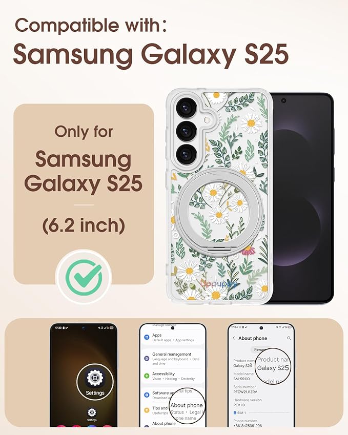 for Samsung Galaxy S25 Case with 360° Rotatable Magnetic Ring - Compatible with MagSafe, Semi-Transparent Soft-Touch Material Shockproof, Cute Daisy Flower Design for Women Girl