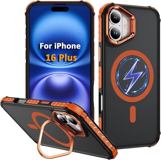 Magnetic for iPhone 16 Plus Case Orange with MagSafe Wireless Charging Heavy Duty Military-Grade Shockproof Protection Adjustable Kickstand Slim Matte Anti-Fingerprint Cover Men Women