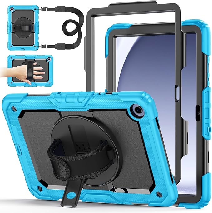 Case for Samsung Galaxy Tab A9+/A9 Plus 11 Inch 2023(SM-X210/X216/X218), Ubearkk Full-Body Drop Protection Case with Screen Protector, 360° Rotating Stand and Hand/Shoulder Strap, Brightblue