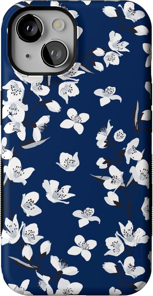 Casely iPhone 14 Case | Floral Forest | Navy Cherry Blossom Floral | Compatible with MagSafe | Bold Protective Design