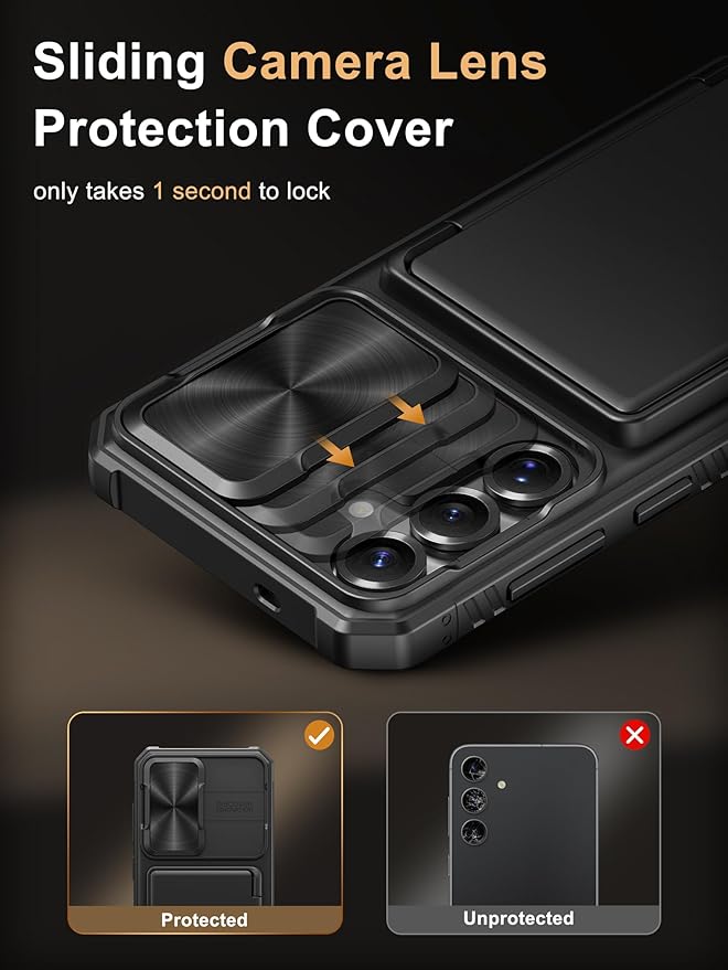 Vihibii for Samsung Galaxy S25 Plus Case with Card Holder (4 Cards), Built-in 2X Tempered Glass Screen Protector & Slide Camera Cover, Rugged & Shockproof Phone Case for S25 Plus, Black