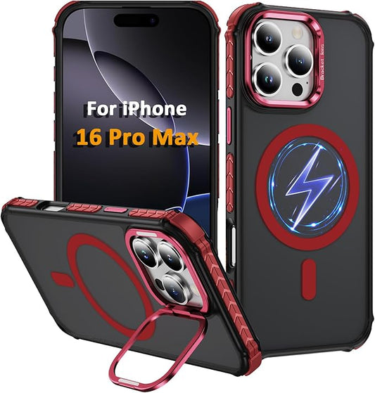 Magnetic for iPhone 16 Pro Max Case Red with MagSafe Wireless Charging Heavy Duty Military-Grade Shockproof Protection Adjustable Kickstand Slim Matte Anti-Fingerprint Cover Men Women