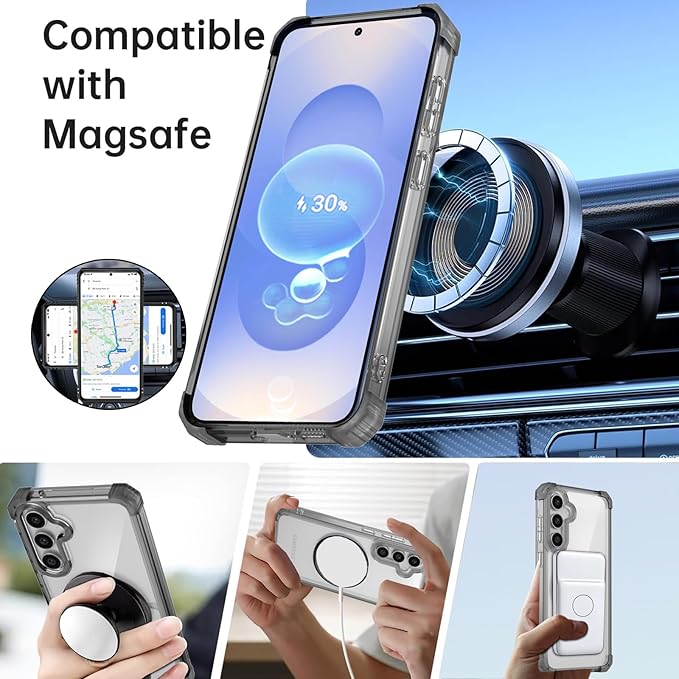 Magnetic for Samsung Galaxy S25 Case Compatible with MagSafe Wireless Charging,with Screen Protector,S25 Phone Case Built-in 360° Kickstand Ring,Shockproof Military Grade Drop Protection Black