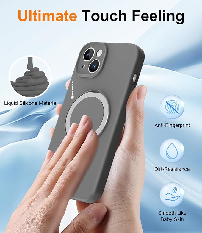 ZHK Liquid Silicone Designed for iPhone 15 Plus Case with Magnet Stand, [Precise Camera Lens Protection][Mil-Grade Drop Shockproof][Soft Anti-Scratch Microfiber Lining] Slim Fit Cover, Grey