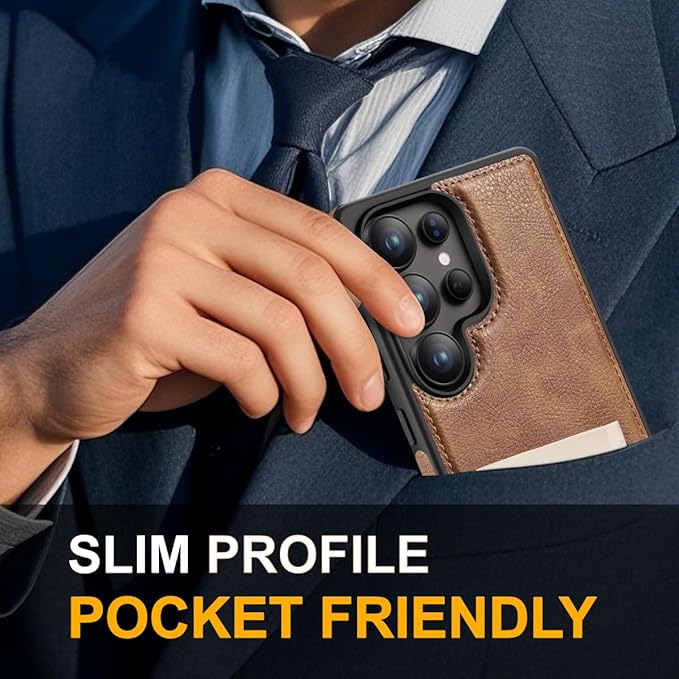 for Galaxy S25 Ultra Leather Case, Built-in Foldable Alloy Stand, with Camera Lens and Screen Protector, Slim Shockproof Kickstand Phone Cover 2025 (Brown)