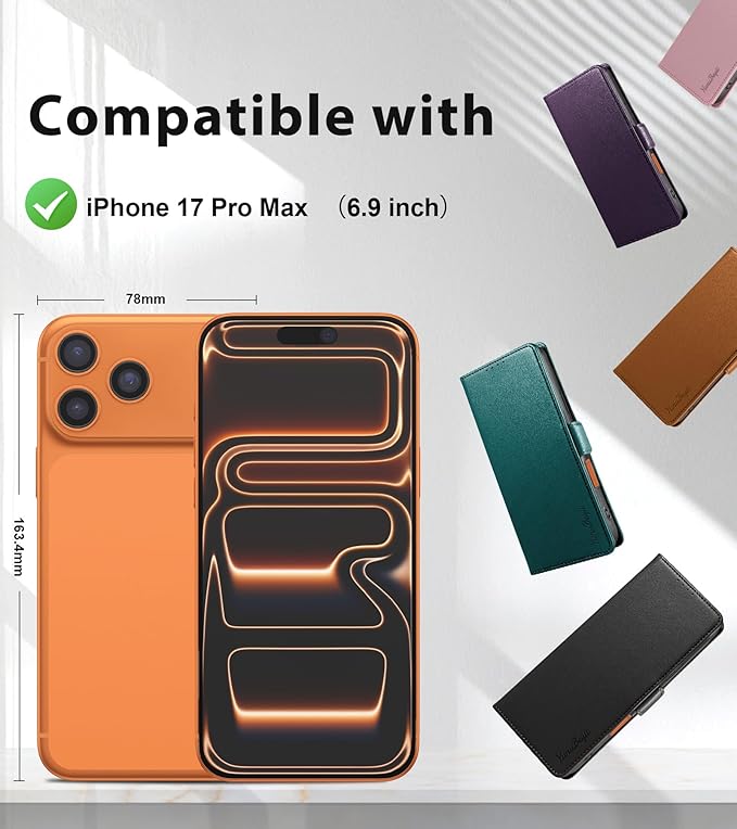 Wallet Flip Case for iPhone 17 Pro Max 5G - [RFID Blocking] Luxury PU Leather Card Holder Magnetic Phone Cover with Kickstand,Shockproof Protective Case,Black