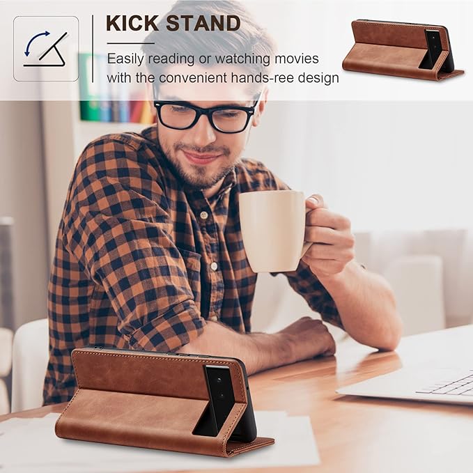 Jasonyu Flip Wallet Case for Google Pixel 6 5G,Leather Magnetic Folio Cover with Card Holder,Kickstand - TPU Shockproof Durable Protective Phone Case,Brown