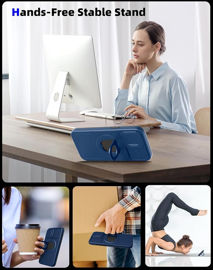 for iPhone 15 Pro Case Compatible with MagSafe Magnetic,with 2 Screen Protectors,Built-in Camera Cover,with Stand Ring,Military Grade Drop Shockproof Heavy Duty Protection Phone Bumper Blue