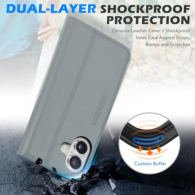 SHIELDON Wallet Case for iPhone 17 6.3-inch 5G 2025 | Genuine Leather, Flip, Magnetic Closure, RFID Blocking 3 Card Holder, Kickstand, Full Protection, Shockproof Soft TPU Cover - Gray