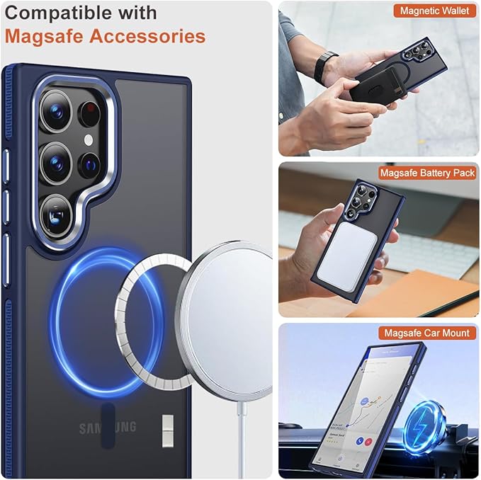 for Samsung Galaxy S24 Ultra Case, Magnetic Phone Case Compatible with Magsafe, Metal Camera Bezel Drop Protection Silky Translucent Back Cover for Galaxy S24 Ultra 5G (Darkblue)