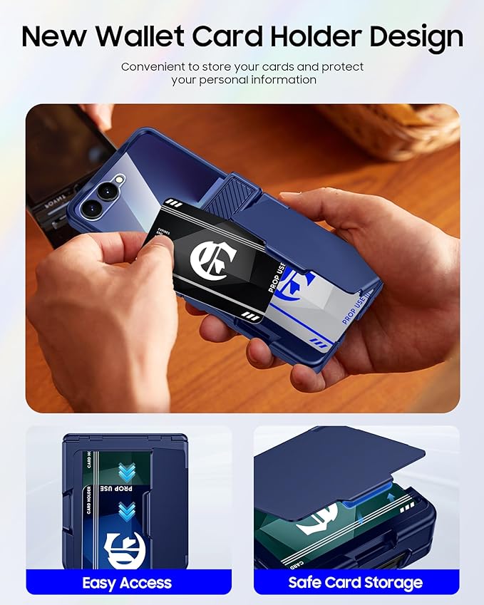 CENMASO for Samsung Galaxy Z Flip 7 Case with Card Holder [RFID Blocking] & Hinge Protection & HD Screen Protector, Rugged Anti-Scratch Full-Body Shockproof Phone Case for Z Flip 7-Blue