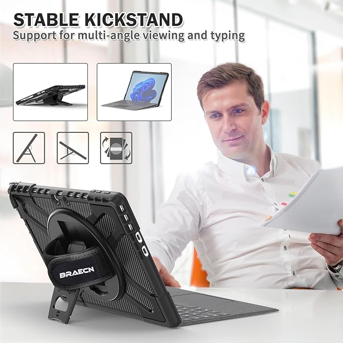 BRAECNstock for Microsoft Surface Pro 11/10/ 9 Case 13", Rugged Protective Case with Rotating Stand & Hand Strap, Pencil Holder, Compatible with Type Cover Keyboard, Black