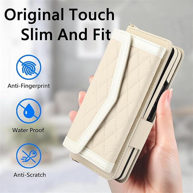 for Samsung Galaxy Z Fold 7 Wallet Case - Stitching Pattern RFID Blocking Card Holder, S Pen Slot Crossbody Strap, Full Body Protection Flip Cover for Women White