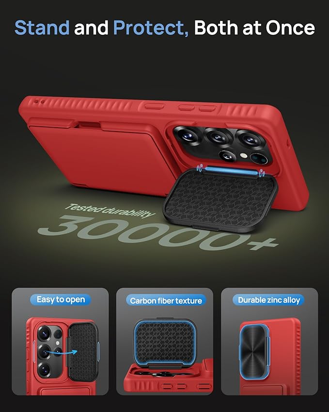 for Samsung Galaxy S25 Ultra Case, Built-in Card Holder & Stand & Lens Cover, Military Grade Drop Tested Soft Silicone Edge Rugged Protective Wallet Phone Case for S25 Ultra 6.9" 2025, Red