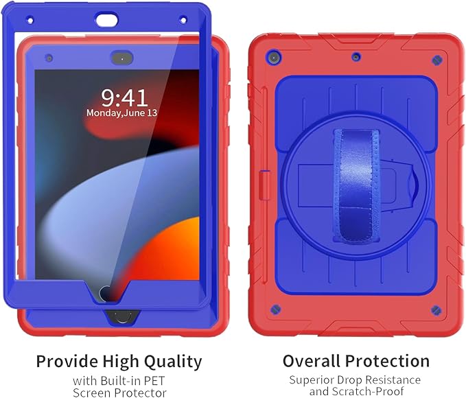 Case for iPad 9th/8th/7th Generation-Built-in Screen Protector,with Pencil Holder & 360°Rotating Hand Strap,Shoulder Strap,Case for iPad 10.2 inch 2021-2019(Red/Blue)