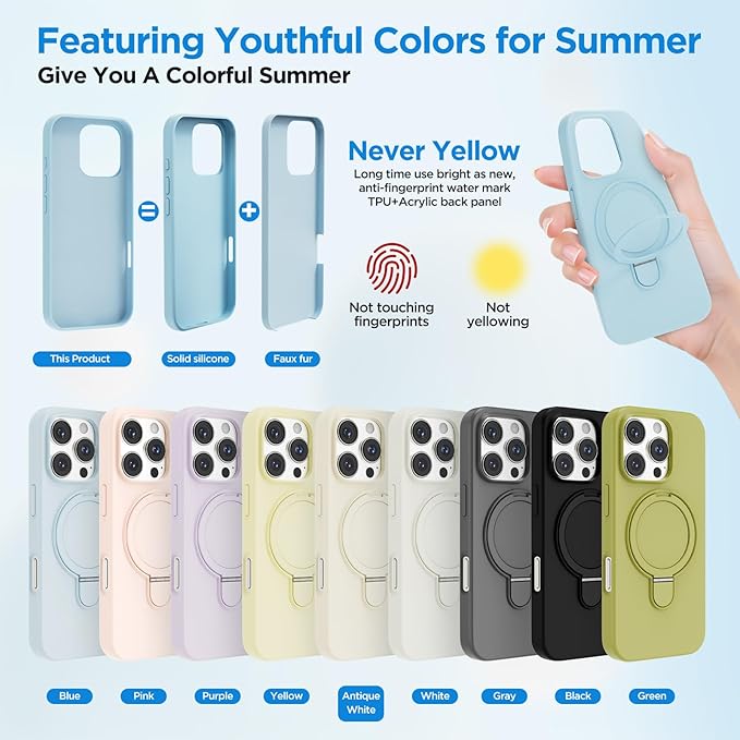 Magnetic Stand for iPhone16 Pro Case with Kickstand 【Lab-Certified Protection】【Not Yellowing】【Anti-Fingerprint】 Durable, Enhanced Grip, Slim，Blue，iPhone 16 Pro 6.3"
