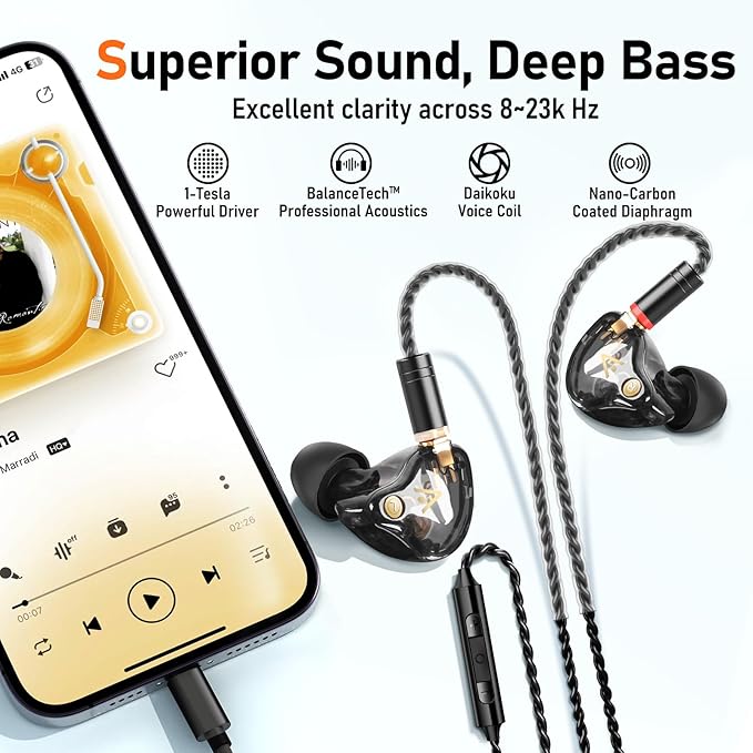 Vibes 202ML Wired Earbuds - HiFi in Ear Headphones - Noise-Isolating Ear Buds w/ Mic - Clear Sound, Deep Bass, Comfort-Fit Earphones - MMCX–Lightning for iPhone 5–14, Silver Plated Cord, Carrying Case