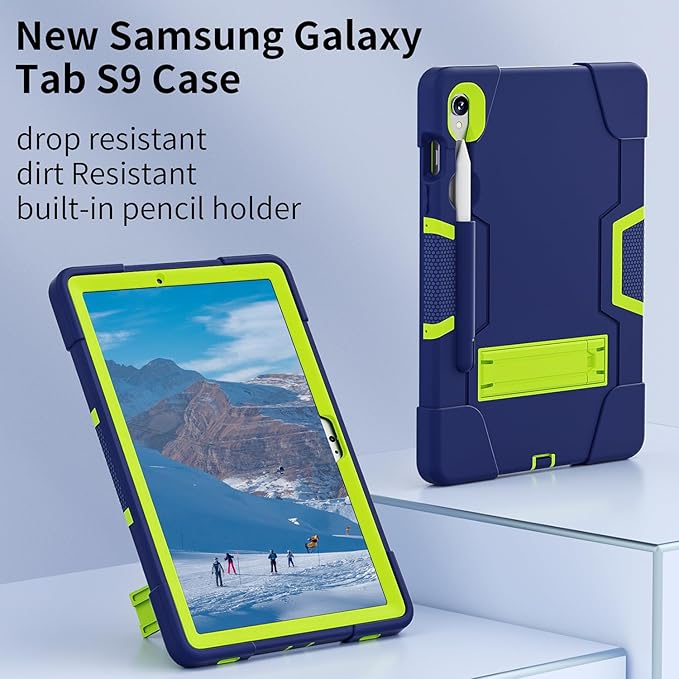 Case for Galaxy Tablet S9 FE & S9 2023 (SM-X710/X718U/X716B/X510/X516B), Soft Silicone & Hard Pc 3-Layer Military Protector Cover for Tab S9 11" with S-Pen Holder Stand case Navy Blue