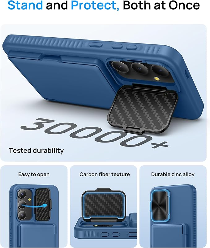 for Samsung Galaxy S24 Fe Case with Card Holder & Kickstand & Camera Lens Cover, Shockproof Rugged Silicone Raised Edge Protective Stand Wallet Phone Cover Case for Samsung S24 Fe 2024, Blue