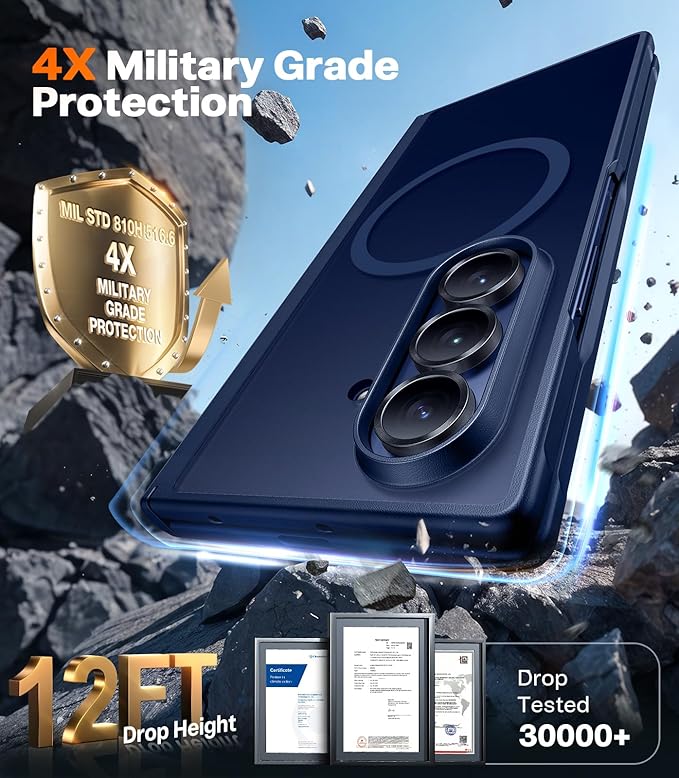 TORRAS Upgraded Magnetic Shockproof for Samsung Galaxy Z Fold 7 Case with Screen Protector, Fit for Magnetic, 4X Military Grade Hinge Protection, Translucent Slim Case for Samsung Z Fold 7, Blue