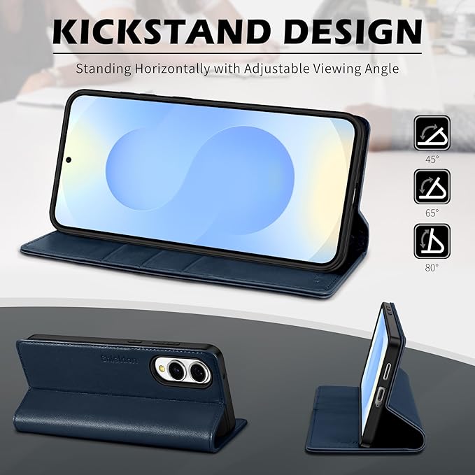 SHIELDON Case for Galaxy S25 Edge 6.7", Genuine Leather Wallet Case with RFID Blocking Card Holder Kickstand Shock Absorbing Full Protective Cover Compatible with Galaxy S25 Edge 5G - Nappa Navy Blue