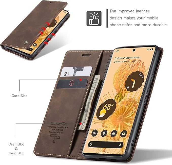 for Google Pixel 6 Pro Case, Flip Wallet Leather Case with Card Holder Magnetic Closure Shockproof Kickstand Protective Phone Cases Cover for Google Pixel 6 Pro,Coffee