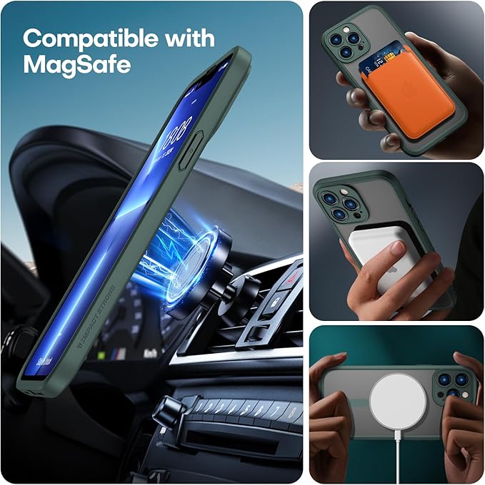 ImpactStrong Magnetic Guard Designed for iPhone 13 Pro Case [Camera Protection] [Military Grade Drop Tested] [Compatible with MagSafe] Slim Translucent Matte Phone Case (6.1") - Dark Green