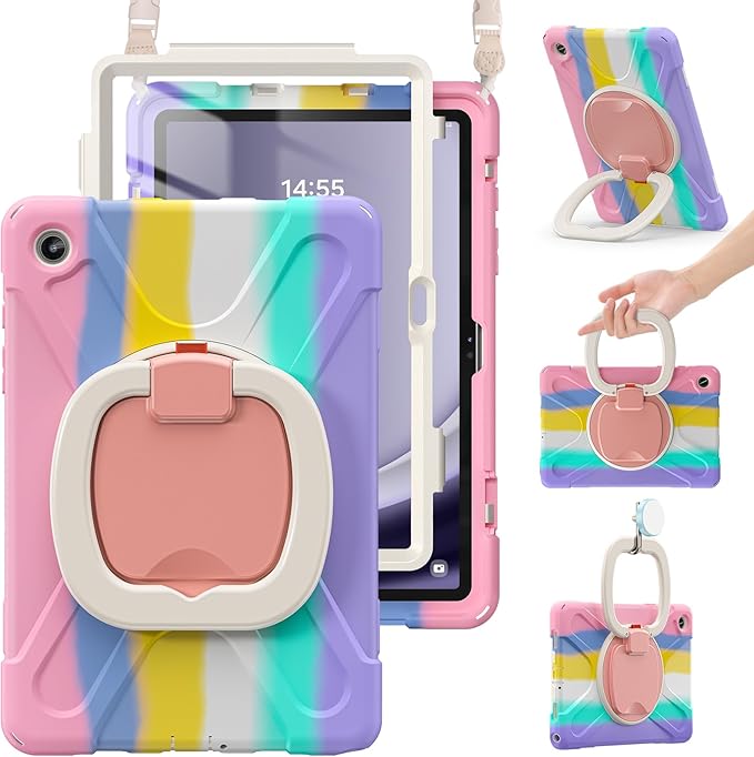 BRAECN Case for Samsung Galaxy Tab A9 Plus/ A9+ 11” 2023 (SM-X210/X216/X218), Heavy Duty Rugged Cover with Screen Protector, 360 Degree Rotating Stand, Stable Kickstand, Shoulder Strap, Colorful Pink