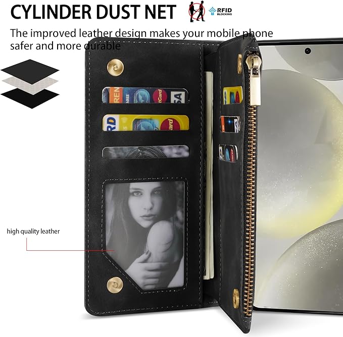 ZZXX for Samsung Galaxy S24 Wallet Case with RFID Blocking Card Slot PU Leather Zipper Flip Folio with Strap Kickstand Protective Cover for Samsung Galaxy S24 Case Wallet(Black-6.2 inch)