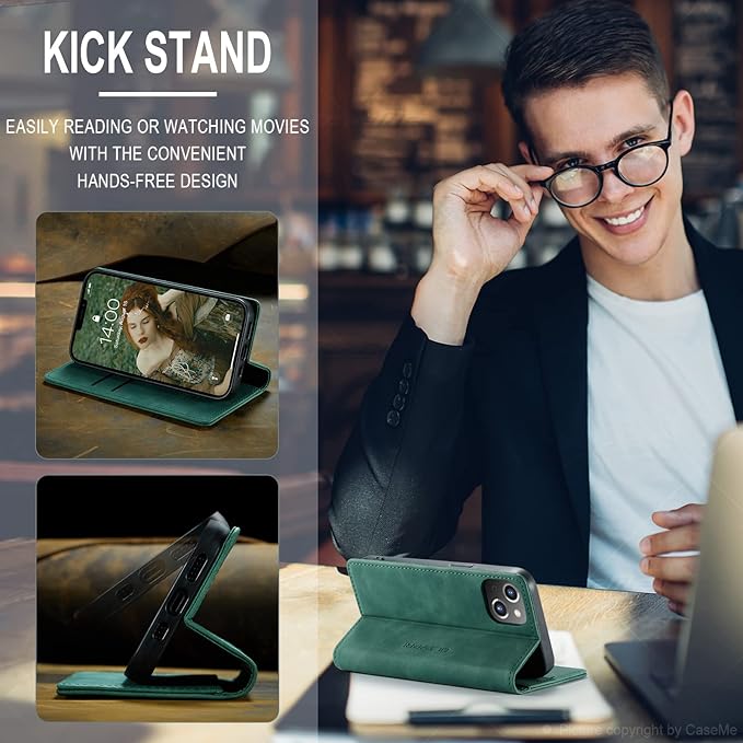 QLTYPRI Case for iPhone 14, Vintage PU Leather Wallet Case Card Slot Kickstand Magnetic Closure Shockproof Flip Folio Book Case Cover for iPhone 14(6.1 inch) - Dark Green