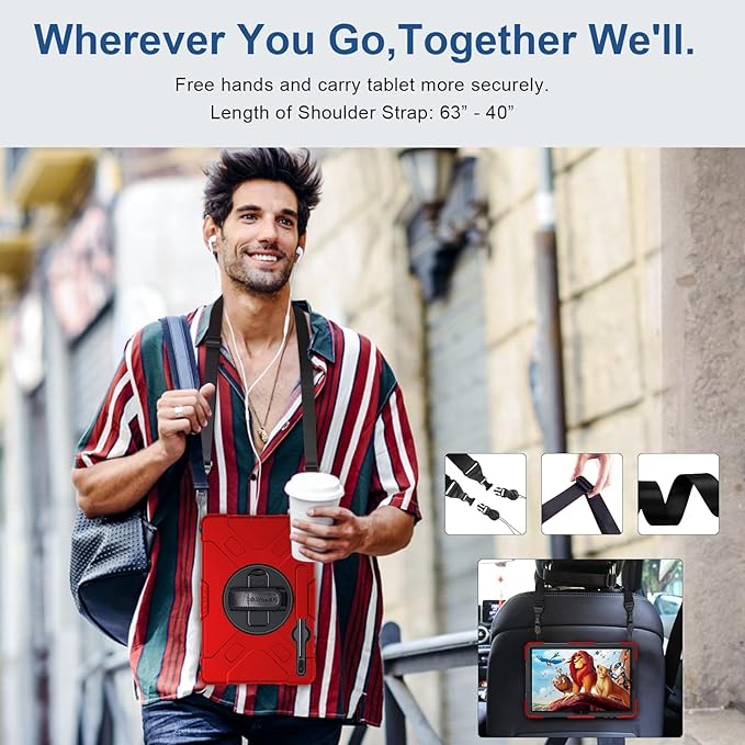 SUPFIVES Case for Samsung Galaxy Tab S7 FE 12.4 Inch 2021 : [Upgraded Military Grade] Full-Body Rugged Protective Soft Silicone Cover - Kick Stand- Handle/Shoulder Strap- S Pen Holder- Red