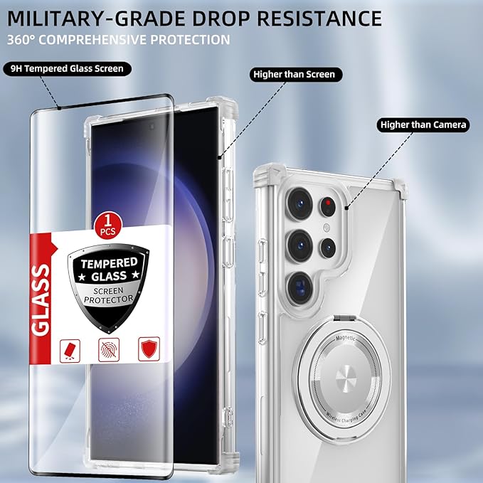 for Samsung Galaxy S23 Ultra Case Compatible with Magnetic Wireless Charging with Screen Protector,for S23 Ultra Phone Case with Kickstand Ring Military Grade Drop Protection Shockproof Clear