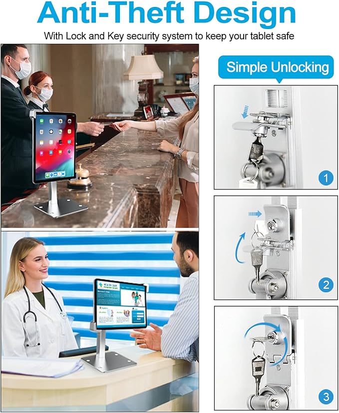 woleyi Anti-Theft Desktop Tablet Kiosk Stand Holder, Heavy Duty Countertop Tablet POS Display Mount with Security Lock and Key, Compatible iPad Pro/Air/Mini, Galaxy Tabs, Surface, More 7-11" Tablets