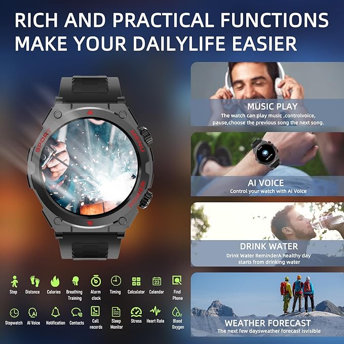 Military Smart Watch, 1.52-Inch Smartwatch with Text and Call, 24/7 Heart Rate Sleep Monitor, Blood Oxygen, and Activity Trackers - Compatible with iPhone and Android, for Men and Women