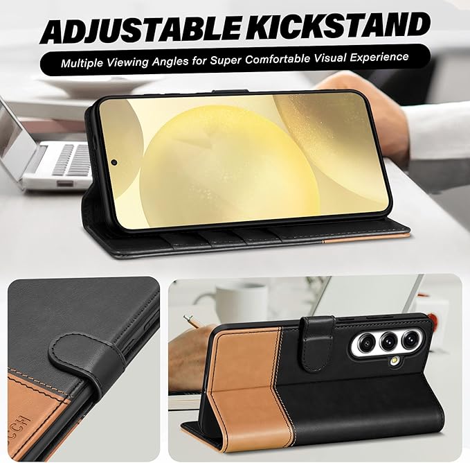 TUCCH Wallet Case for Galaxy S25 Plus 5G, Magnetic PU Leather Stand [RFID Blocking] Card Slot Folio Protective Cover with TPU Shockproof Inner Shell Compatible with Galaxy S25 Plus 6.7", Black & Brown