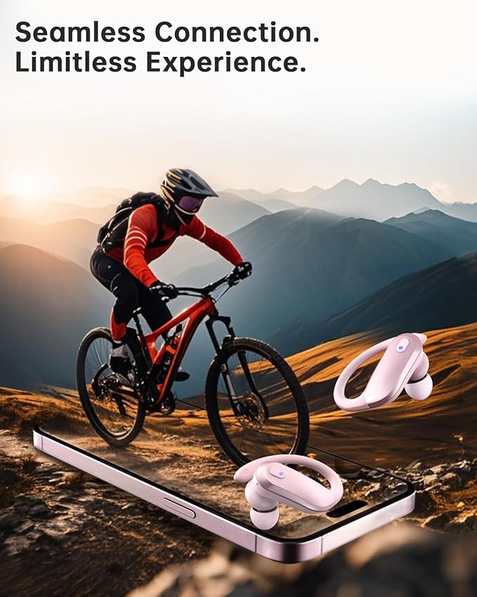 NDO Bluetooth 5.3 Wireless Earbuds with Earhooks,Sport Headphones 48H Playtime,Lightweight Design,ENC Mic,IPX7 Waterproof,Type-C Fast Charging,Perfect for Workout and Daily Use-Pink