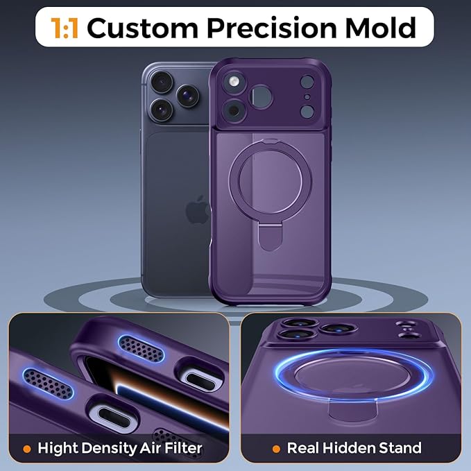 MOCCA Compatible with iPhone 17 Pro Case with Magnetic Invisible Stand [Full Camera Protection] [Compatible with Magsafe] Military Drop Shockproof Translucent Matte Phone Case Cover 6.3",Deep Purple
