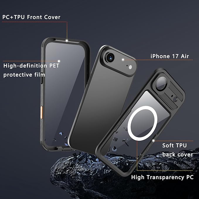 GOLDJU Magnetic for iPhone 17 Air Case-Waterproof, Built-in Screen & Camera Protector-IP68 Underwater Full Body 16FT Military Dropproof Shockproof Case for 17 Air 6.6''- Black