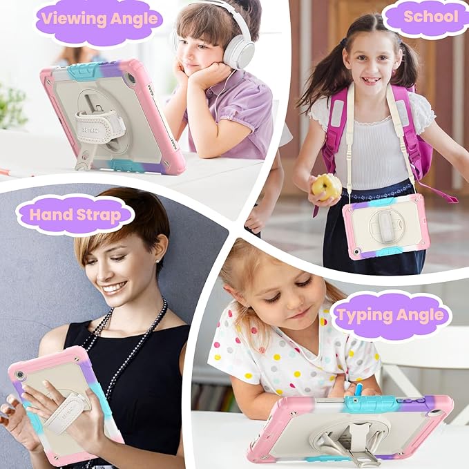 SEYMAC stock Case for Samsung Galaxy Tab A9+ Plus 11'', Full-Body Drop Protection Case with Screen Protector Pencil Holder [360° Rotating Hand Strap] &Stand, Yellowish+Pink