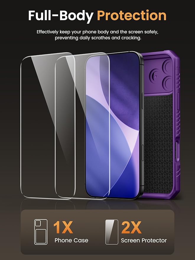 Vihibii for iPhone 17 Pro Case with [2X Screen Protector], Built-in Card Holder (4 Cards), [RFID Blocking] & Slide Camera Cover & Tempered Glass Films, Rugged Wallet Cover for 17 Pro 2025, Dark Purple