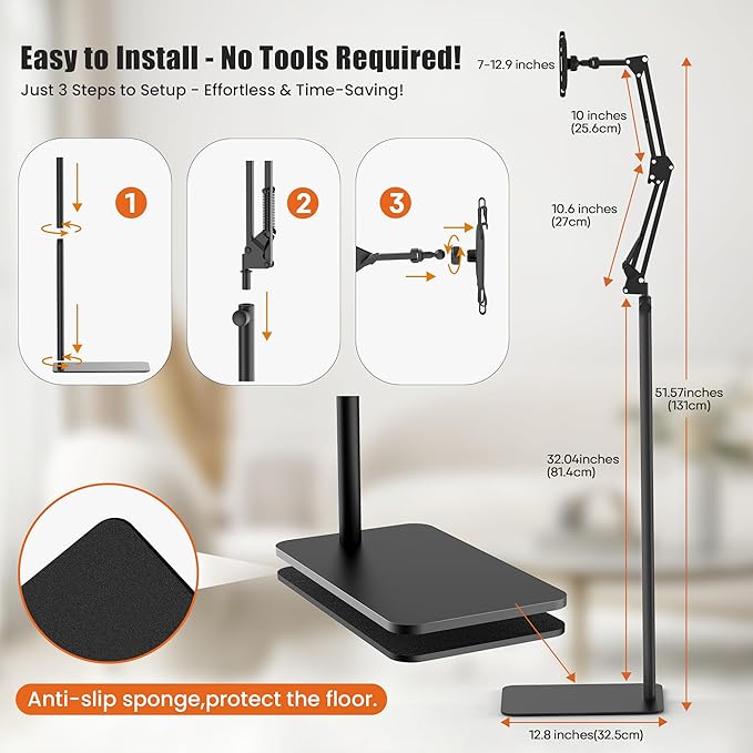 Tablet Floor Stand,Universal Metal Tablet Holder,Overhead Bed Mount Height Angle Adjustable Stand, 360° Rotation Floor Holder for iPad, Kindle, Tab,Phones, E-Readers(7-12.9 Inch)
