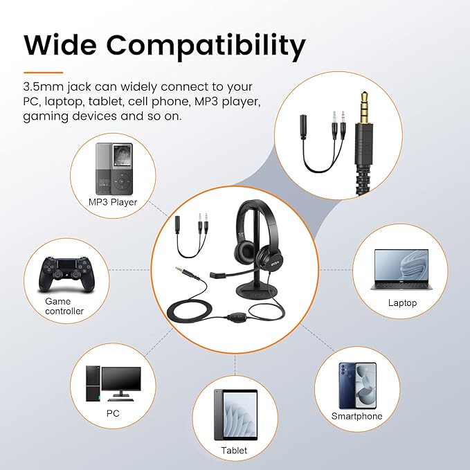 Headsets with Microphone for Laptop, 3.5mm Wired Computer Headset Super-Lightweight Noise Cancelling Headphones with in-line Control Volume & Mute, PC Headset Perfect for Classroom, Home or Office