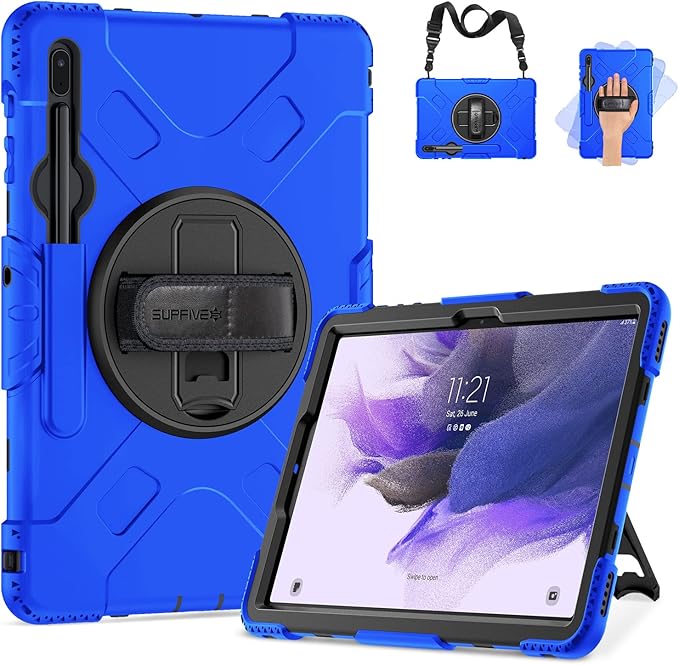 SUPFIVES Case for Samsung Galaxy Tab S7 FE 12.4 Inch 2021 : [Upgraded Military Grade] Full-Body Rugged Protective Soft Silicone Cover - Kick Stand- Handle/Shoulder Strap- S Pen Holder- Blue