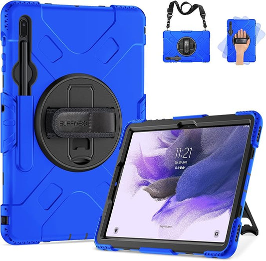 SUPFIVES Case for Samsung Galaxy Tab S7 FE 12.4 Inch 2021 : [Upgraded Military Grade] Full-Body Rugged Protective Soft Silicone Cover - Kick Stand- Handle/Shoulder Strap- S Pen Holder- Blue