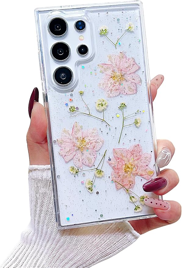 Compatible with Samsung Galaxy S24 Ultra Case Cute Pressed Dried Real Flowers Design Women Girly Shockproof Hard PC+ TPU Bumper Floral Phone Cover for Galaxy S24 Ultra (Light Pink)